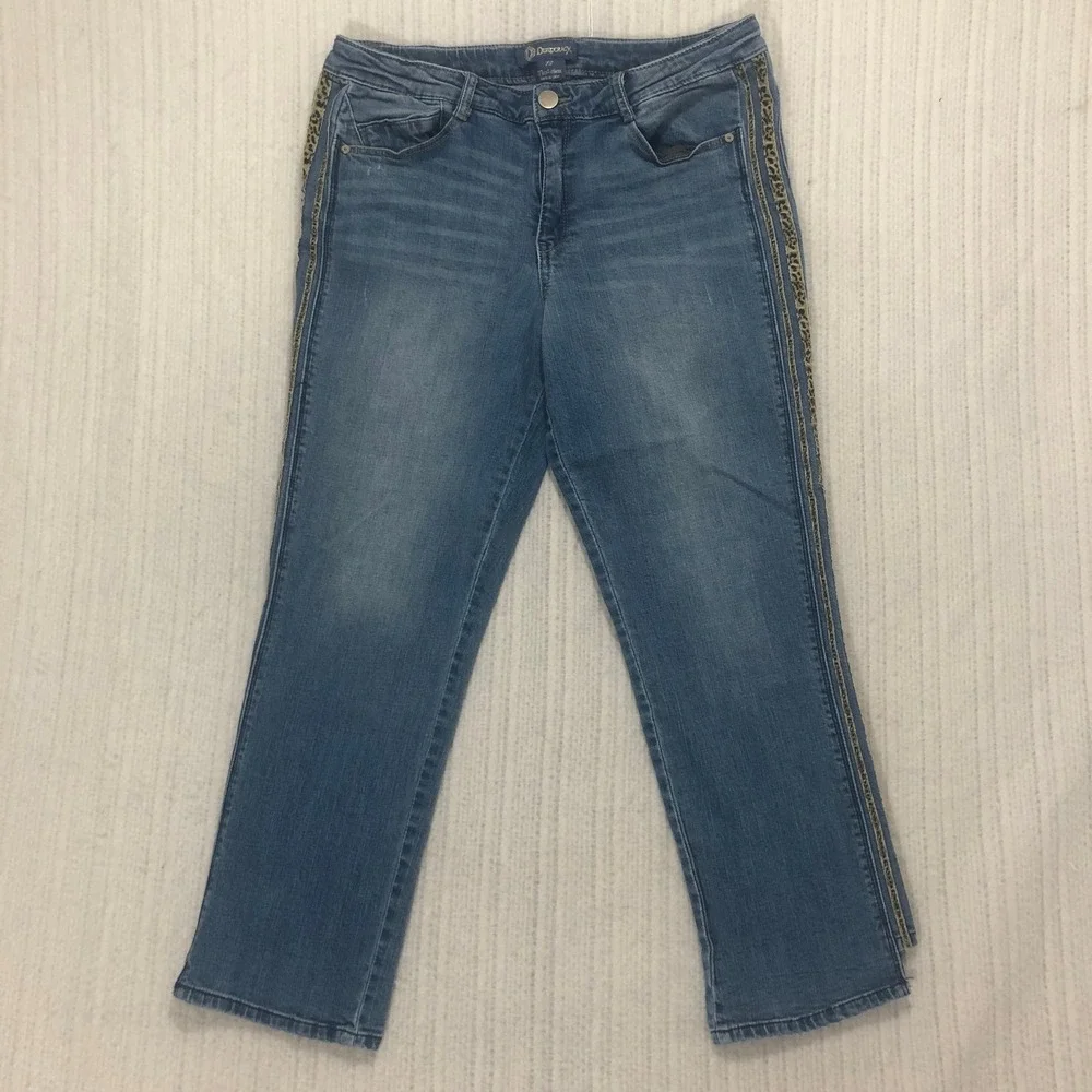 Democracy Women's Blue Denim‎ Flex ellent Jeans Size 12 Leopard Trim